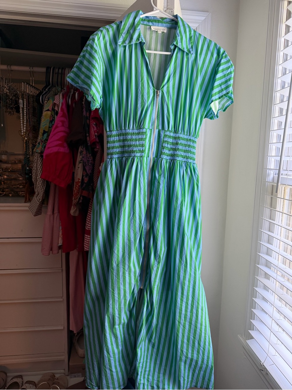 entro Green and Blue Striped Maxi Dress with Collar Gold Front Zipper